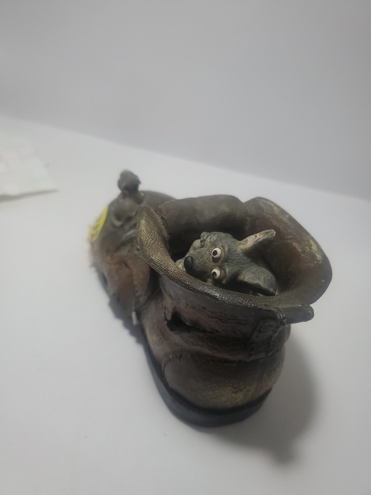DECORATIVE PLANTER WORN LEATHER BOOT Appearance WITH MICE PEEKING OUT