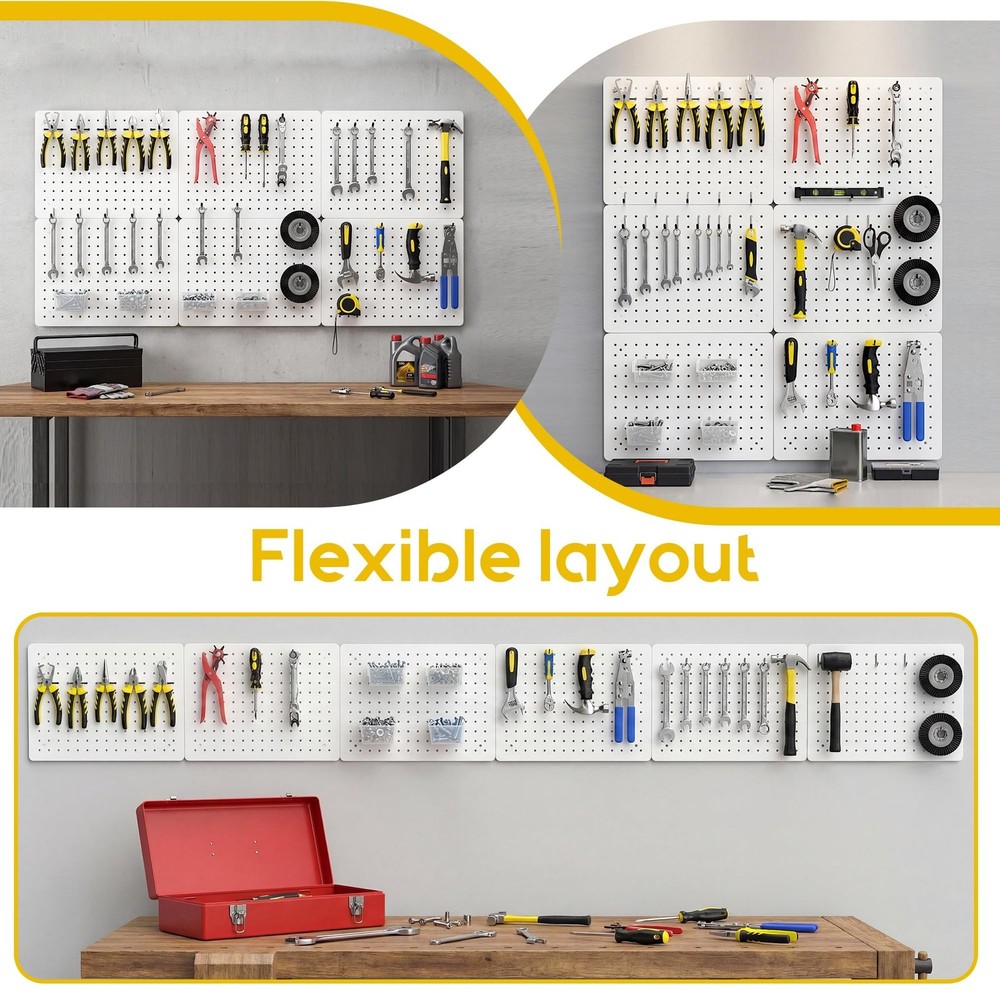 Peg Board for Tools, 6 Pack Metal Pegboard Wall Organizer with Hooks,16"×12