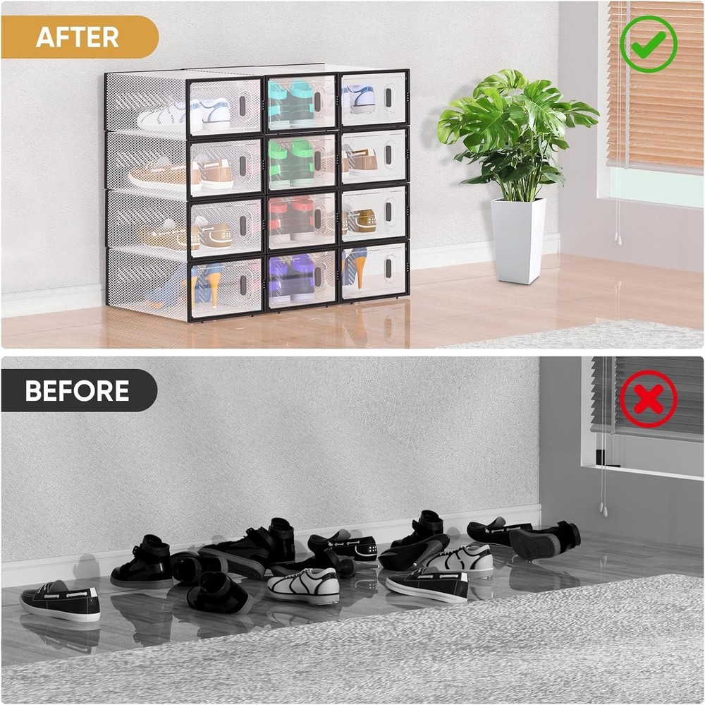 BALEINE 12 Pack Stackable Shoe Storage Boxes Large Fits Size 9-12PK, Black