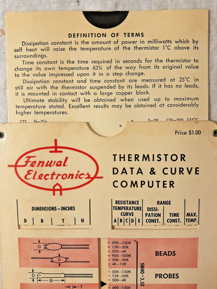 Fenwal Electronics Thermistor Data & Curve Computer Slide Rule 1959 VTG Science