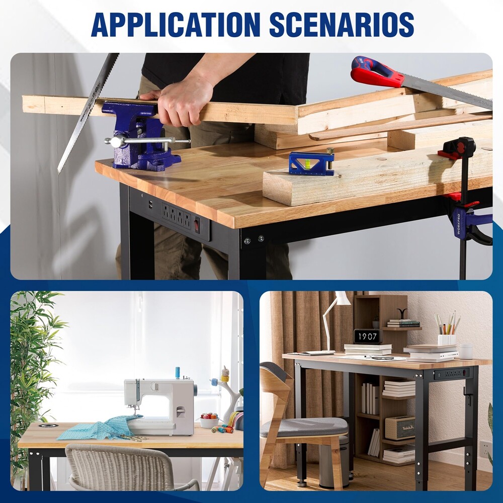 WORKPRO 48" Adjustable Workbench, Rubber Wood Top Heavy-Duty Workstation