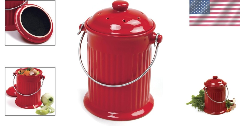 Functional 1 Gallon Red Ceramic Compost Keeper for Effortless Kitchen Use