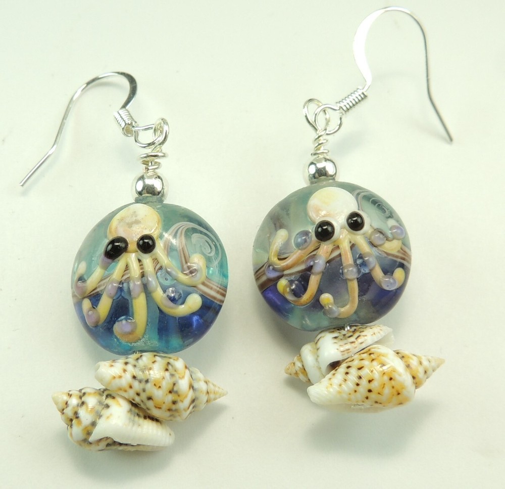 Octopus Lampwork  Dangle Earrings with Shells Handmade  Jewelry