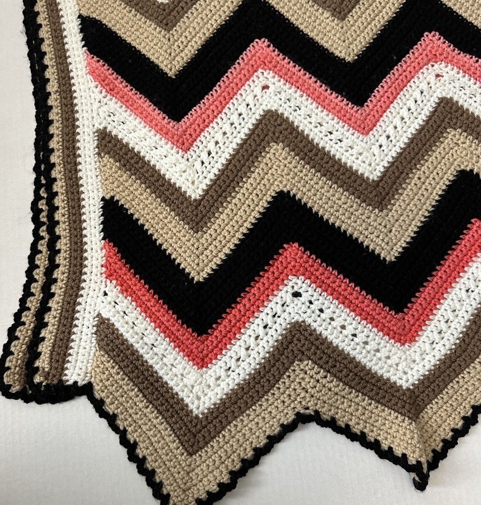 Handmade Crocheted Afghan Blanket Chevron Zigzag Pattern 72 X 49 Creams Pinks