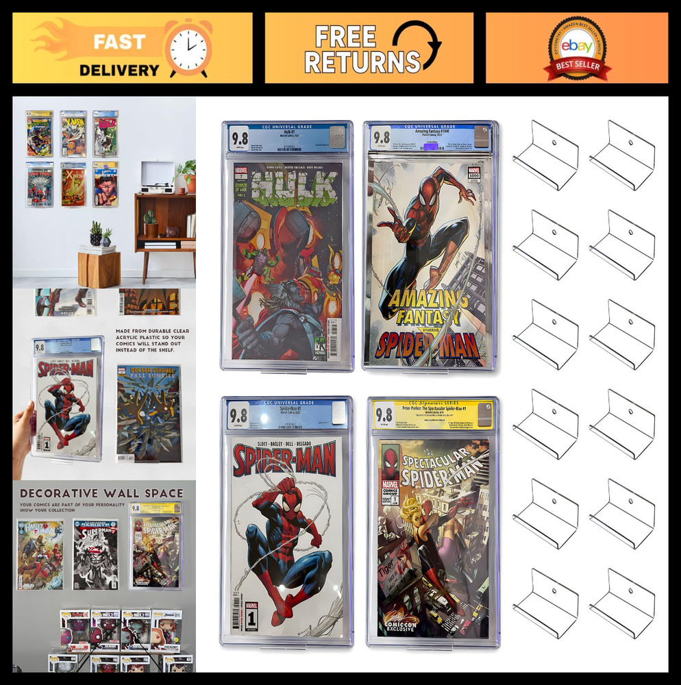 12pcs Clear Floating Comic Book Display Shelves - Wall Mount Showcase Holder