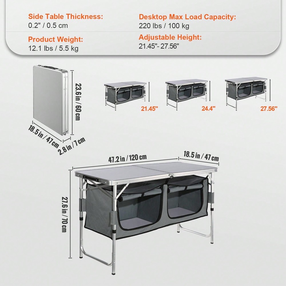 Table, Quick Set-Up Folding Camping Table With A Carrying , 3 Adjustable Heights