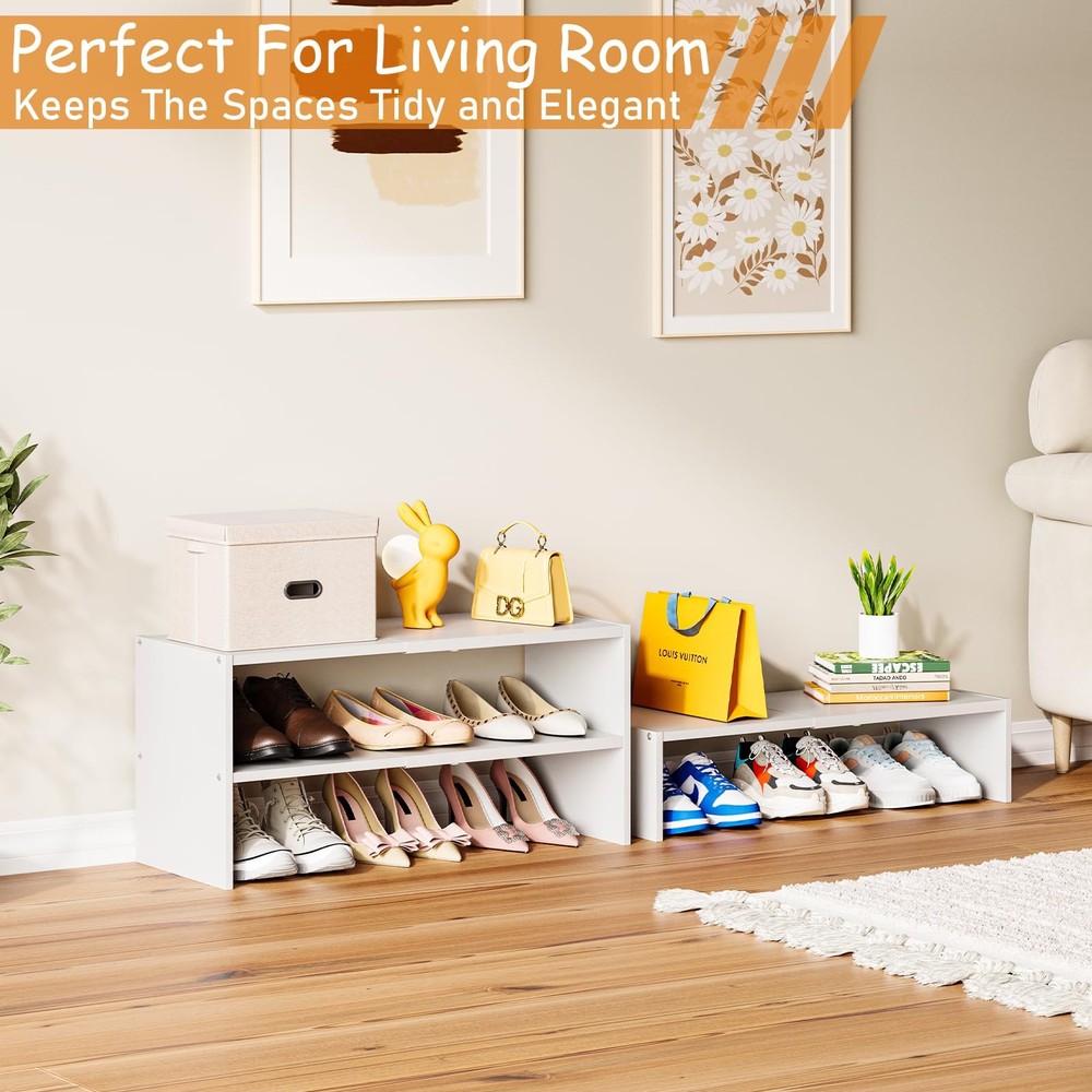 3-Tier Expandable White Shoe Rack Organizer for Closet, Stackable Shoe Racks ...