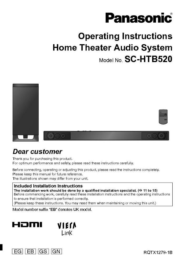 Panasonic SC-HTB520 Home Theater System Owners Instruction Manual