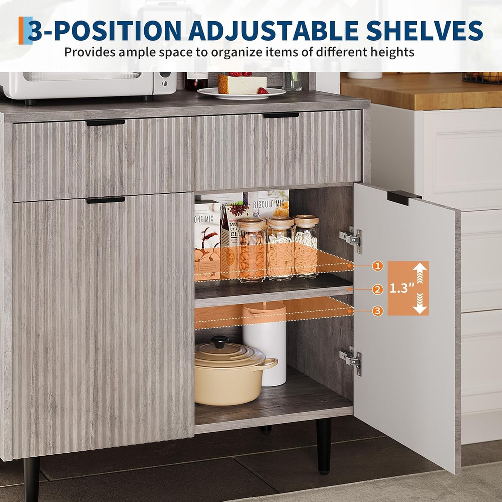 Modern Grey Fluted Sideboard Buffet Cabinet with Adjustable Shelves & Drawers