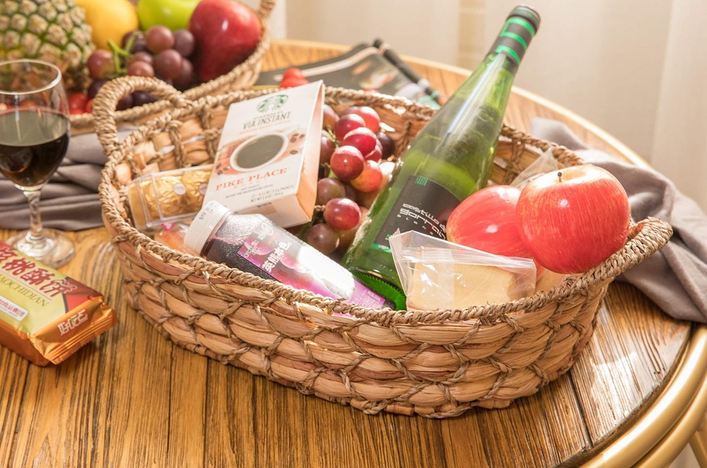 Seagrass Wicker Decorative Basket Tray with Handles, Rectangular Storage Bask...