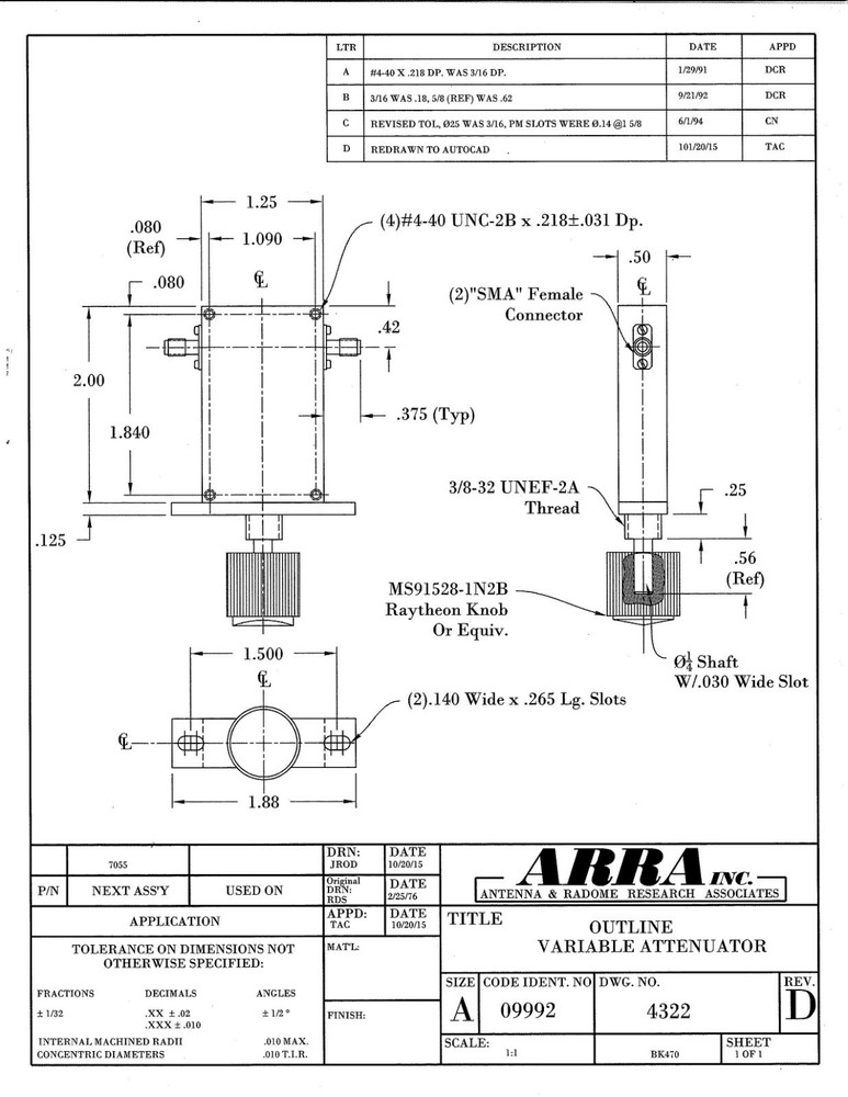 ARRA P5813-20B 20dB Miniature Continuously Variable RF Microwave Attenuator 1059