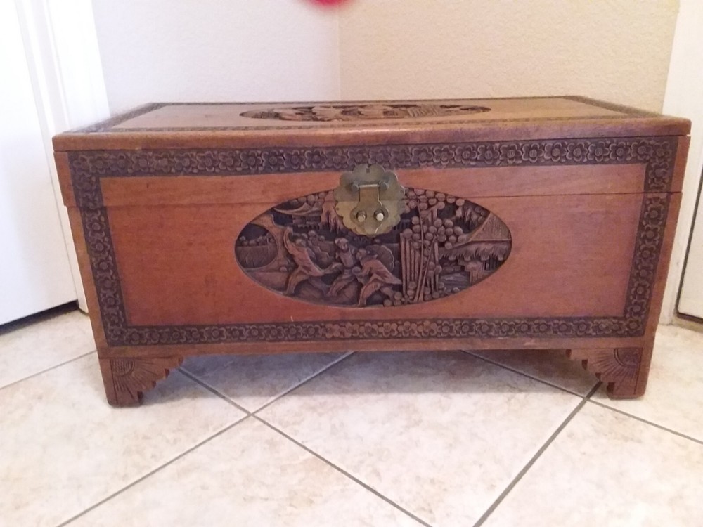 Vintage Carved Cedar Chest Trunk