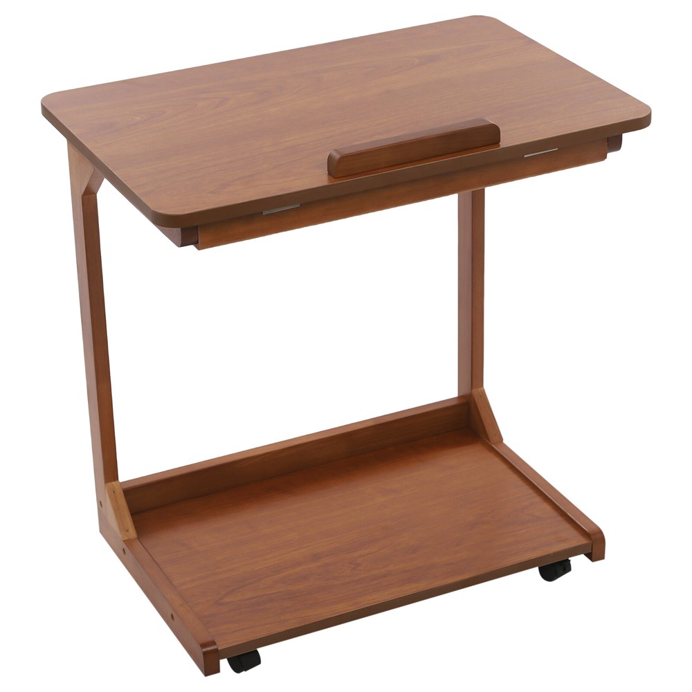 2-tier Walnut-Colored Adjustable Angle C-Shaped End Table With 4-Wheels 55.12lbs