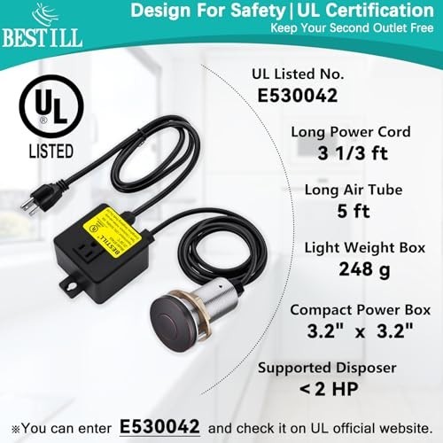 Air Switch Kit for Garbage Disposal - Metal Push Button, UL Listed, Solid Brass,