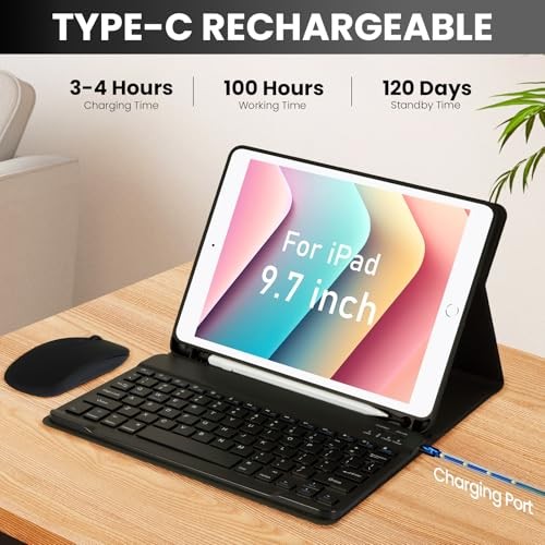 Bluetooth Keyboard Case with Mouse for iPad 6th/5th 9.7 inch+Mouse Black