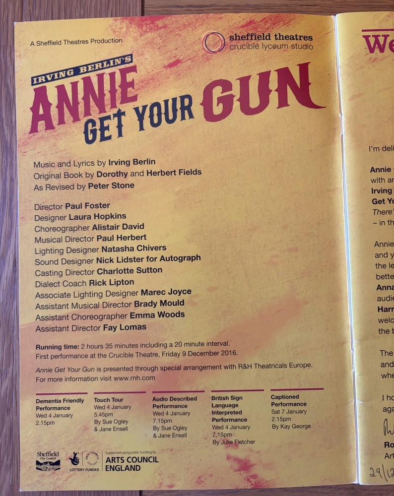 Annie Get Your Gun Crucible Theatre Sheffield Programme Dec 2016