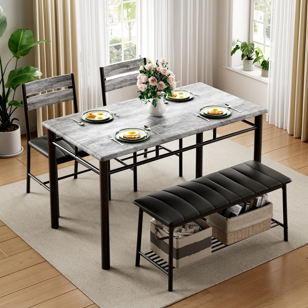 Dining Table Set for 4, Kitchen Table with Upholstered Bench and 2 Chairs, Ki...