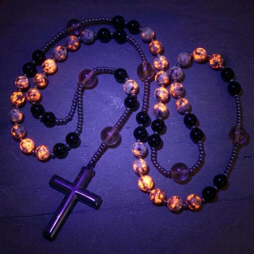 Yooperlite Stone Rosary Necklace UV Glow Hematite Beads Obsidian Cross Gift