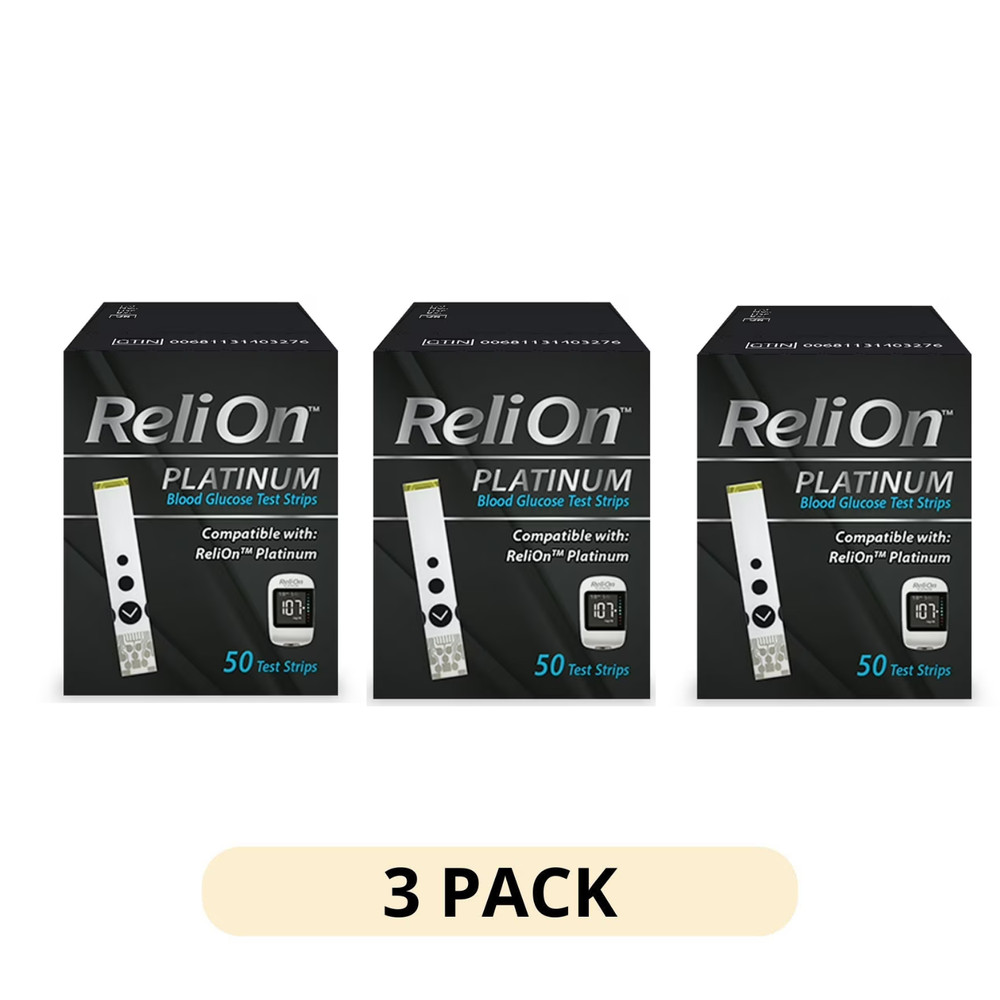 3 Pack ReliOn Platinum Blood Glucose Test Strips 50 Count Diabetes Testing