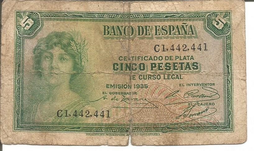 SPAIN 5 PESETAS 1935 (1936) #3