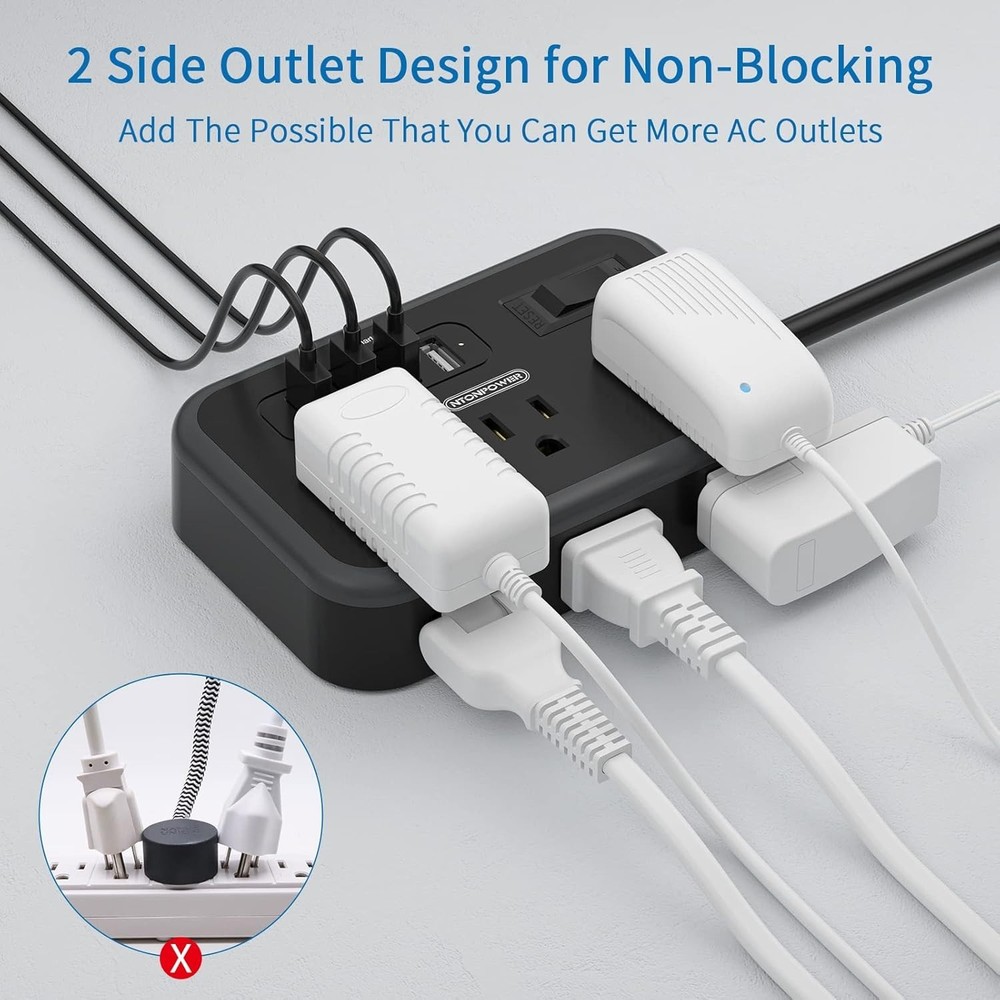 Black Power Strip 10 Outlets 6 AC 4 USB Smart Charging 5ft Flat Plug