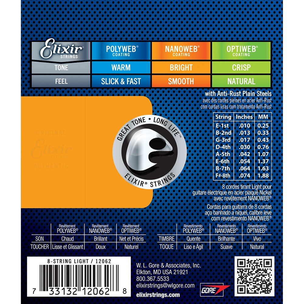 Elixir 12062 Nanoweb Coating NPS Electric Guitar Strings, 8-String Light (10-74)