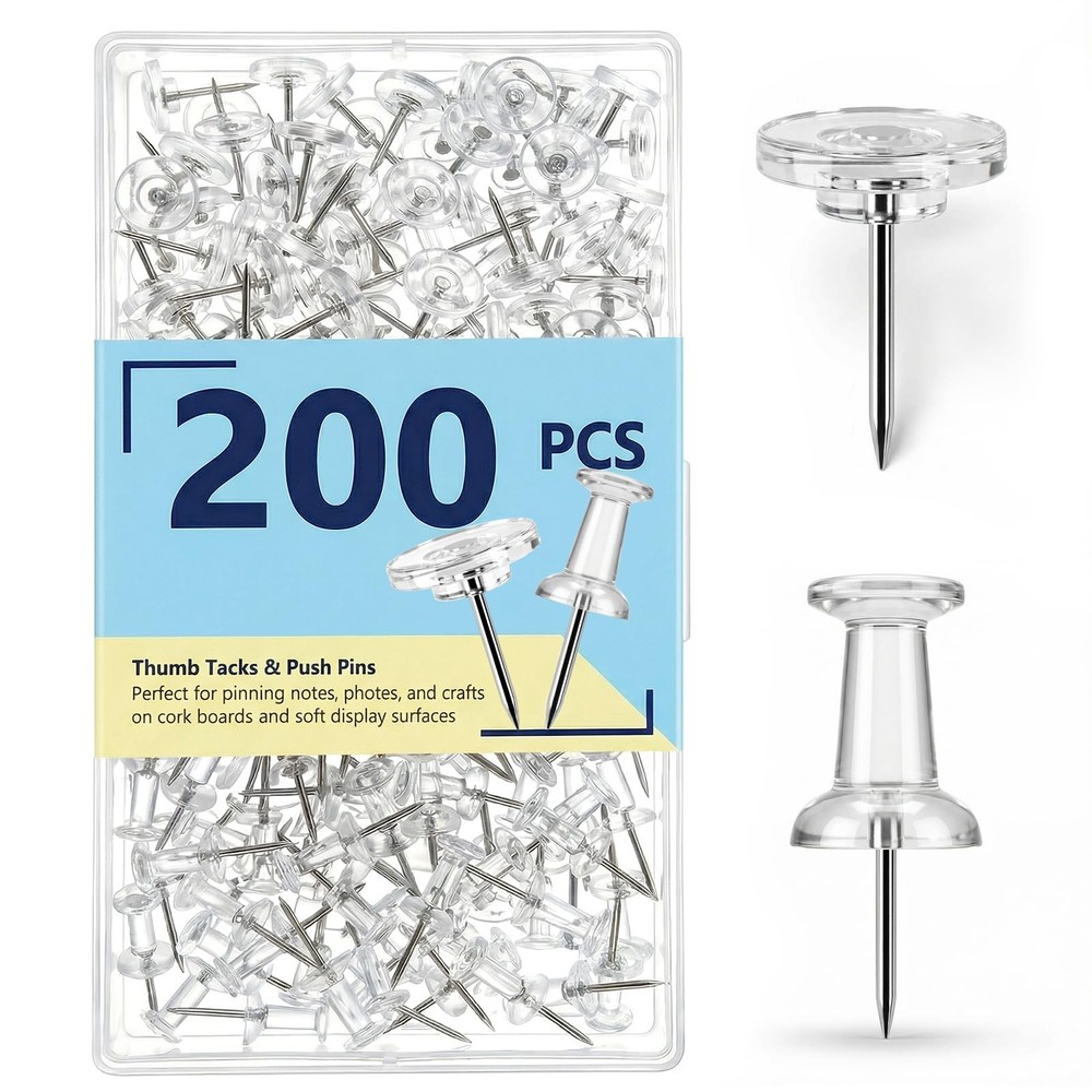 200 Pack Push Pins and Thumb Tacks Combo - Flat Head Transparent Pushpins Clear