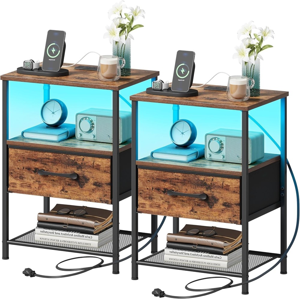 Night Stand Set 2, End Table with Charging Station, LED Bedside Table with Fa...