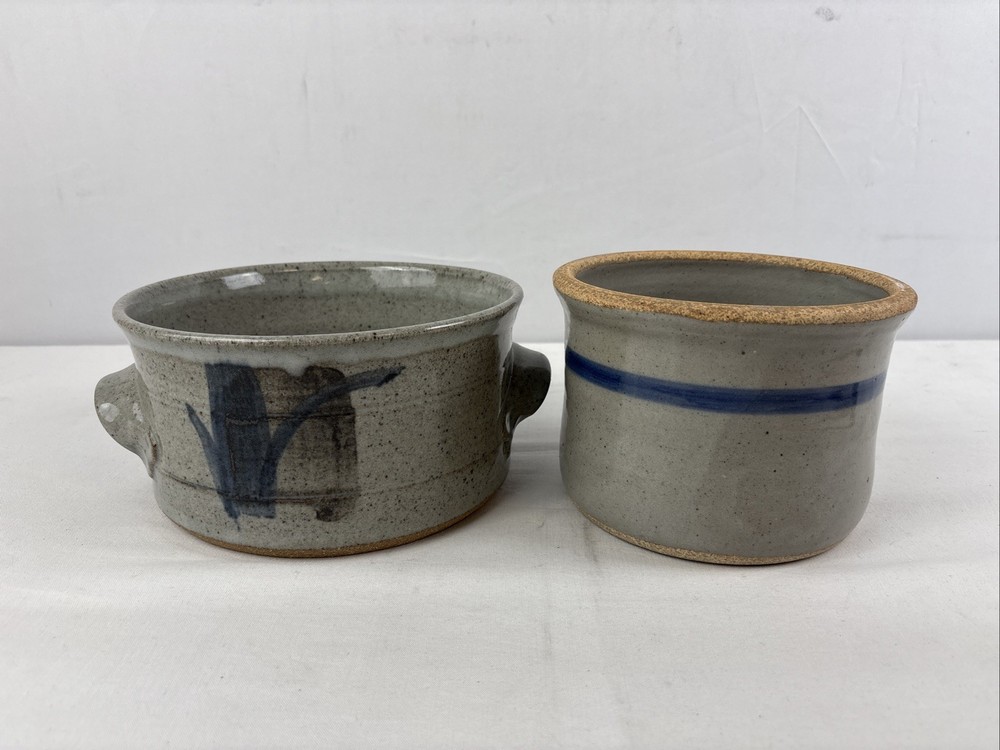 Studio Art Pottery Blue Stoneware Pots 2 Pc