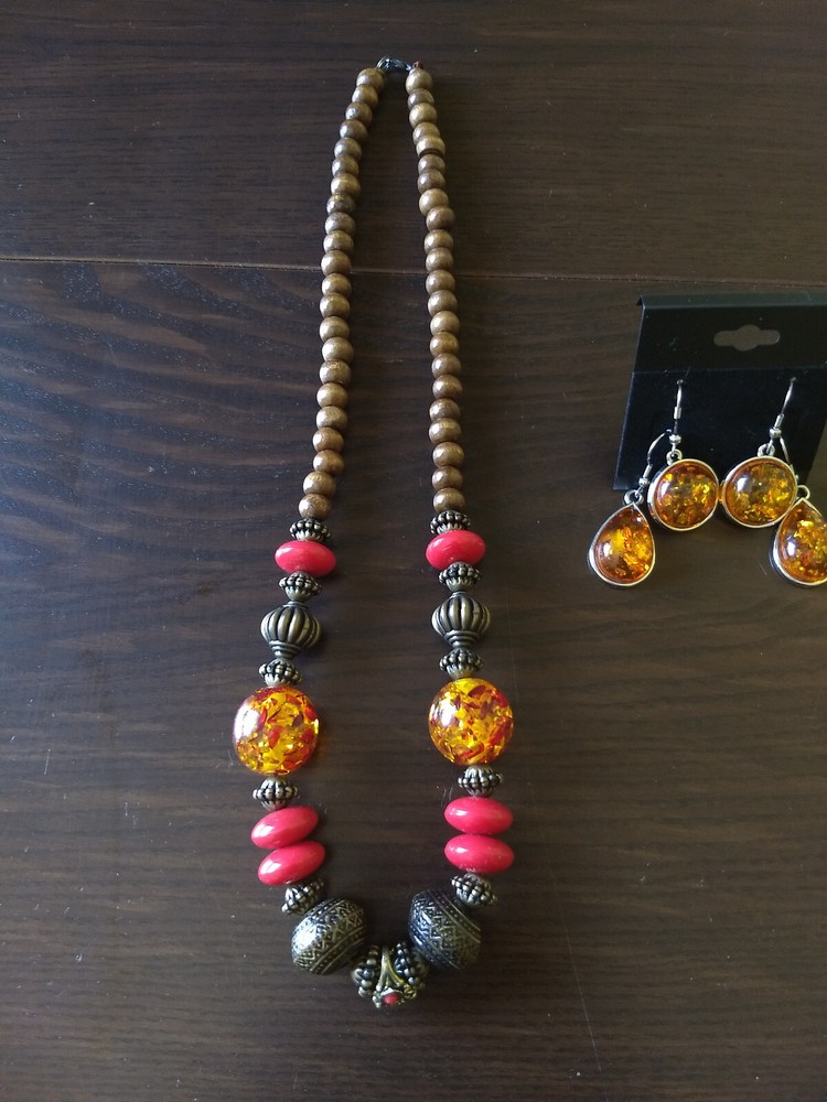 Amber Stone Silver Dangle Earrings & Necklace Set Statement Boho Western