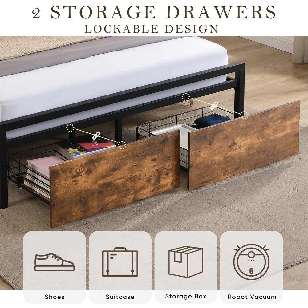 Full Size LED Bed Frame with Storage Headboard & 2 Drawers Metal Platform Bed