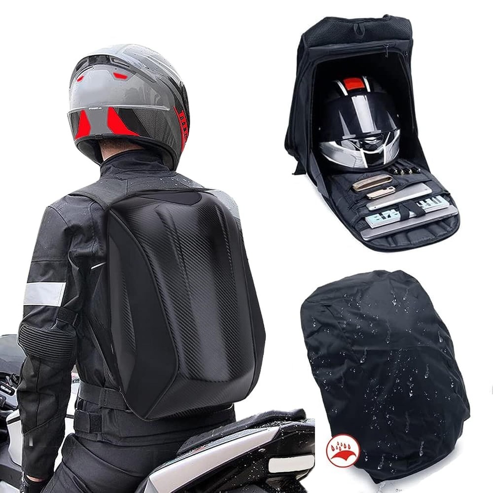 Motorcycle Backpack Hard Shell Carbon Fiber Pattern Waterproof Back Pack Saddleb