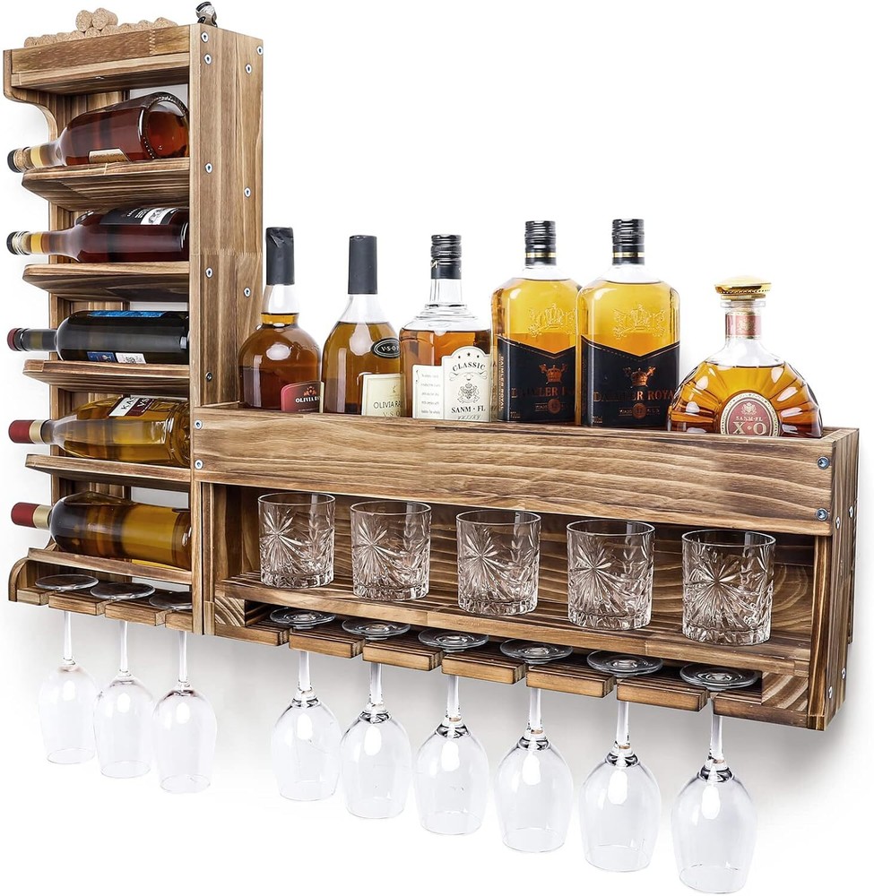 Wood Wine Storage Display Holder Rack Wall Mount Alcohol Shelf w/Stemware Holder