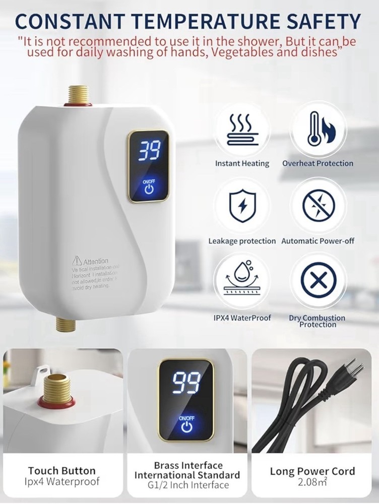 Bangox Tankless Electric Water Heater 110V 3000W Instant Hot Water System for RV