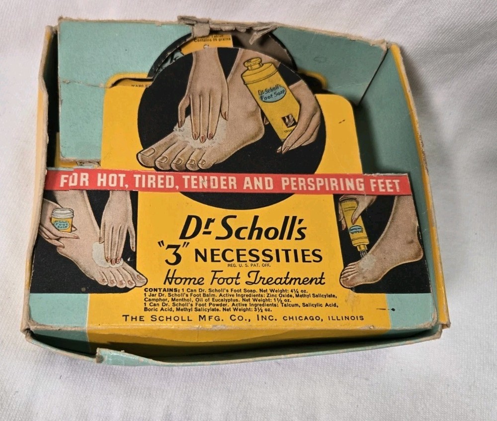 Vintage Dr Scholl’s “3 Necessities” Kit FULL Foot-Dok Boxes + Roller