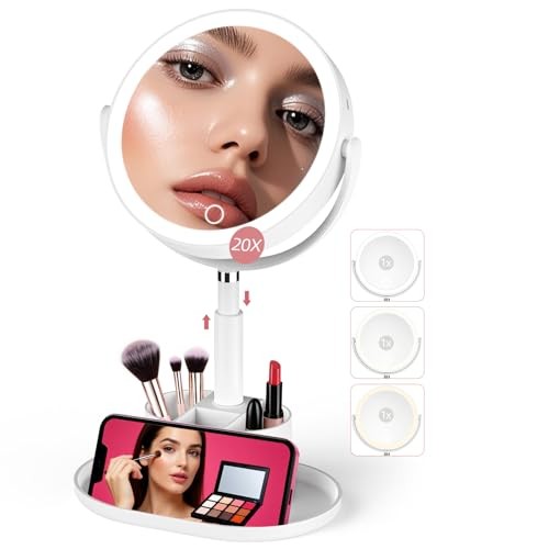 Makeup Mirror with Lights, 1X/20X Lighted Makeup Mirror with Storage for White