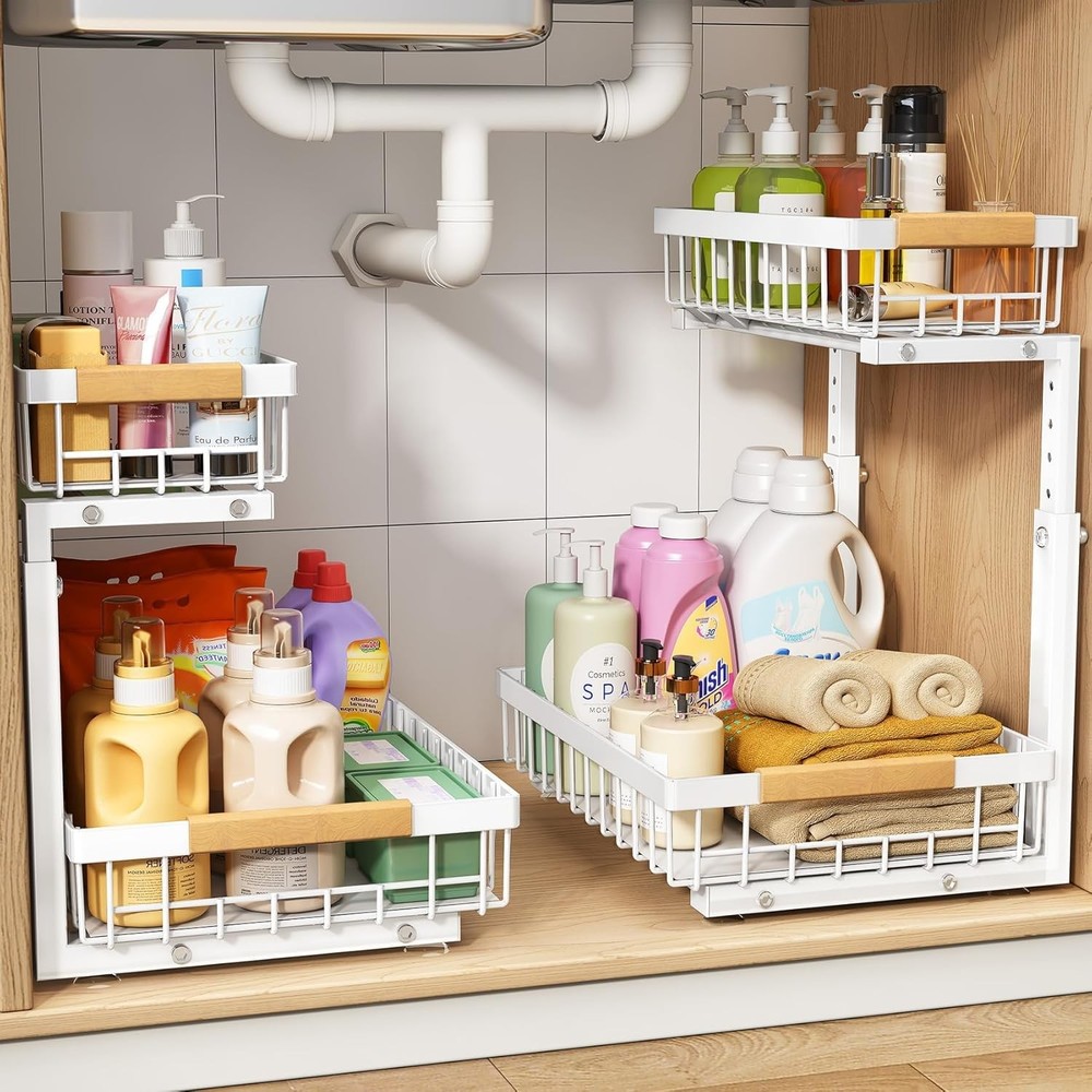 Under Sink Organizer Adjustable Height 2 Tier Pull Out Under Cabinet Organizer