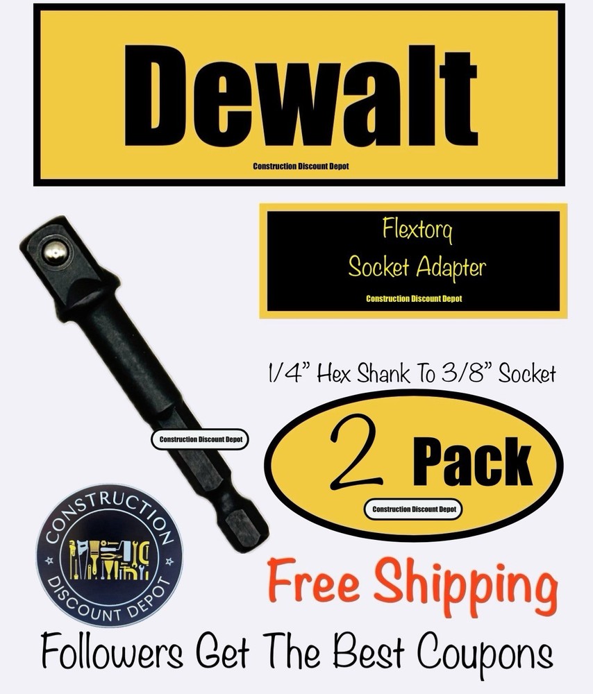 2 Pack DEWALT Impact Ready Black Socket Adapter 1/4" Hex Shank To 3/8" Socket