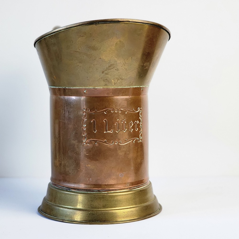 Vtg Copper Brass 1 Liter Pitcher Mug Stein Applied Handle Kitchen Decor