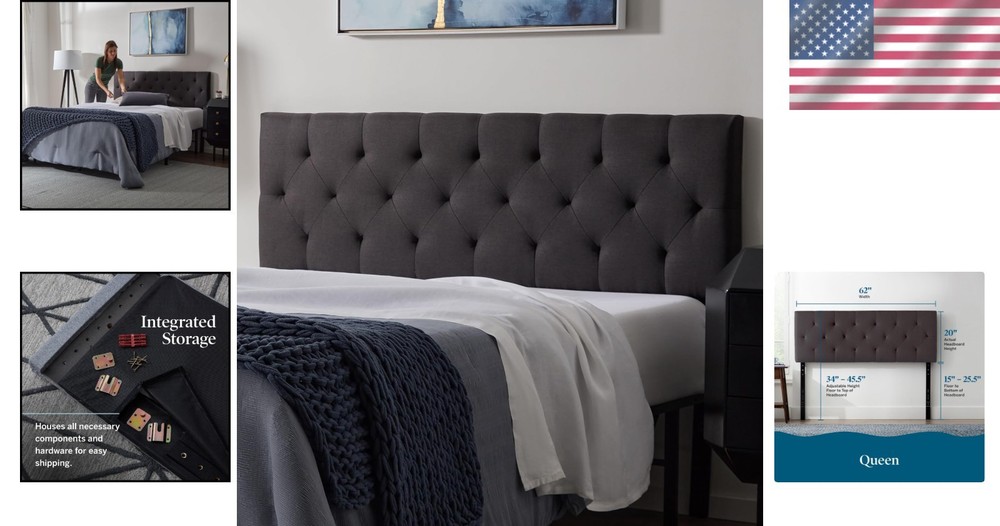 Queen Charcoal Diamond Tufted Headboard - Adjustable Padded Polyester - Easy ...