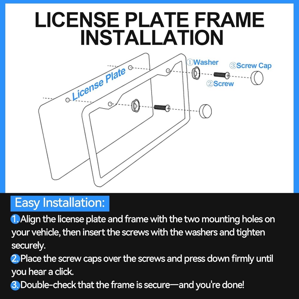 2PCS Matte Black License Plate Frames - No-Cover State Name - Premium Rust Proof
