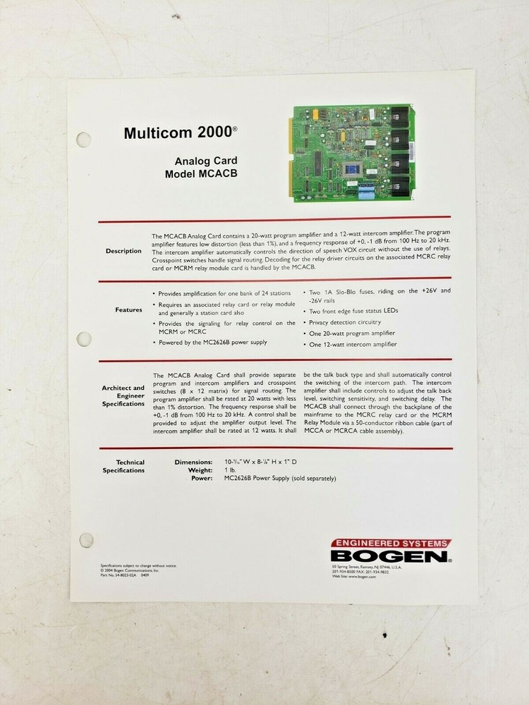 Bogen Multicom 2000 Analog Card MCACB Intercom System Used AS IS #3