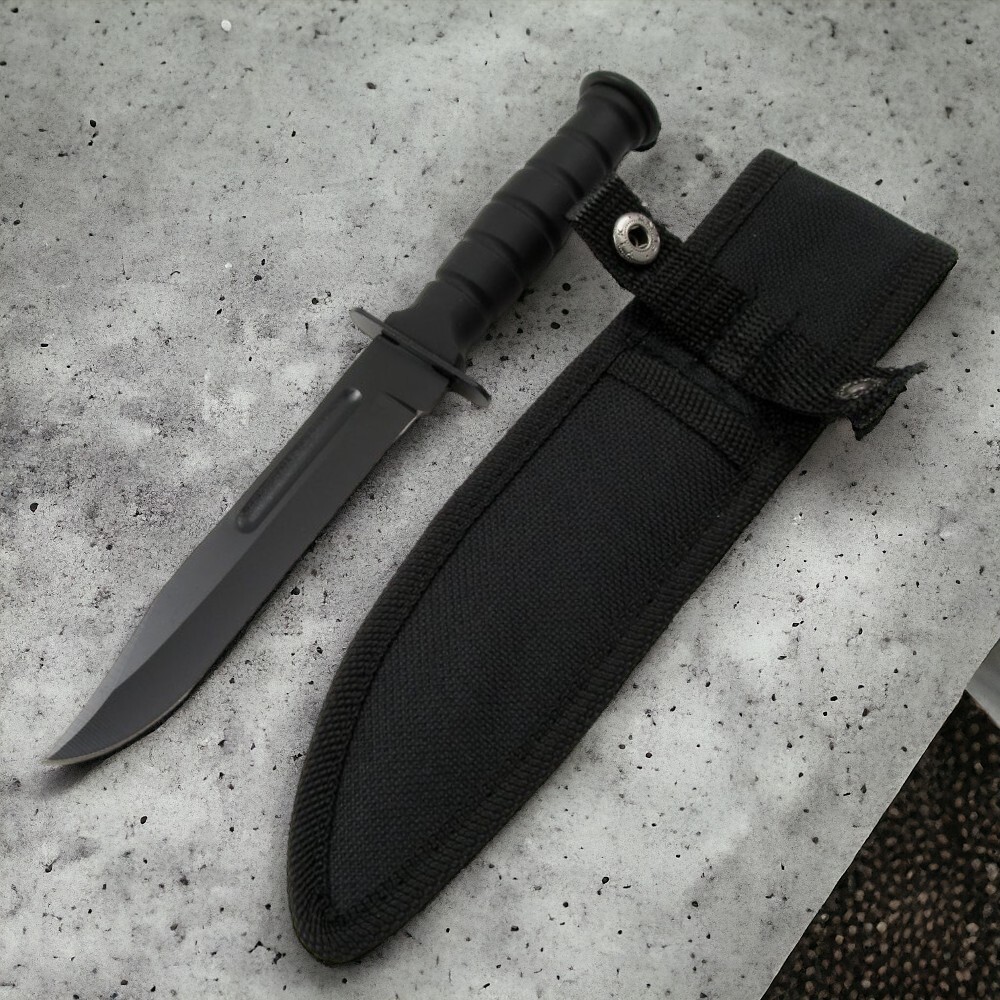 FIXED-BLADE SURVIVAL KNIFE | 7.5" Small Black Rubber Handle Tactical Combat EDC