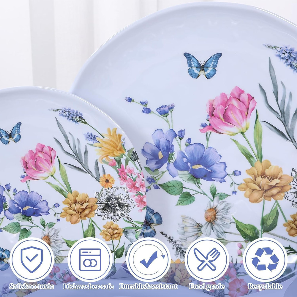 12 Piece Melamine Dinnerware Sets - Plates and Bowls Sets Floral Dinnerware Sets