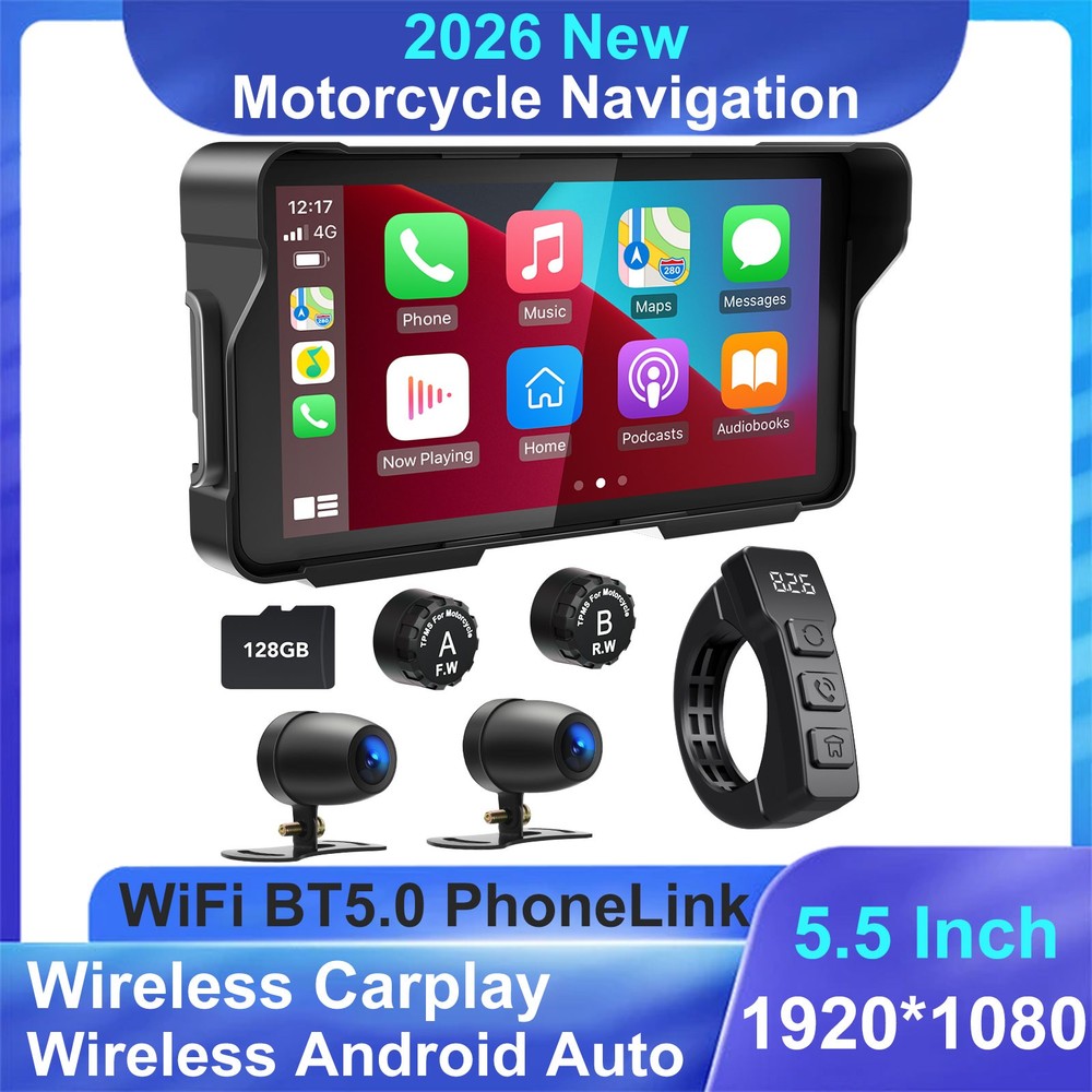 Professional 5.5" Motorcycle Carplay Dash Cam Wireless Android Auto TPMS 128GB