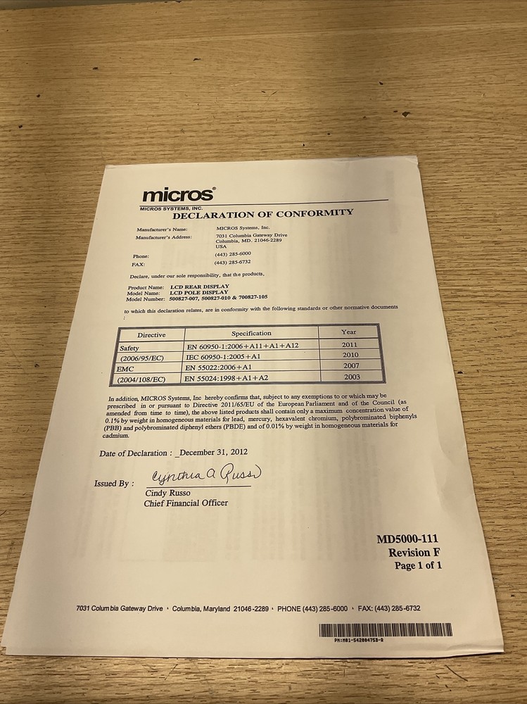 NEW MICROS SYSTEM POLE DISPLAY 500827-007 /GAR750