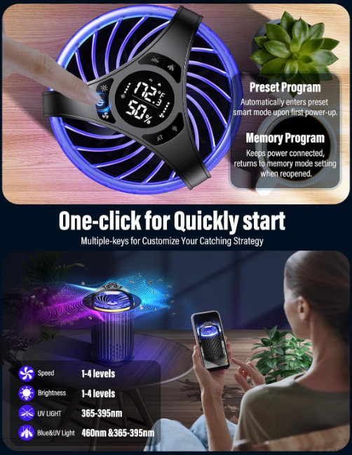 Indoor fly trap with bug light, gnat & fruit fly catcher, includes 10 refills.