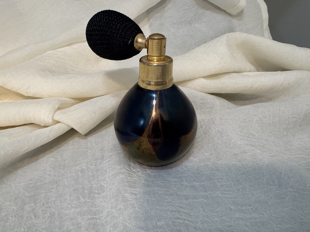 Studio Iridized Blown Glass Perfume Bottle w/Black Puffer Artist Signed & Dated