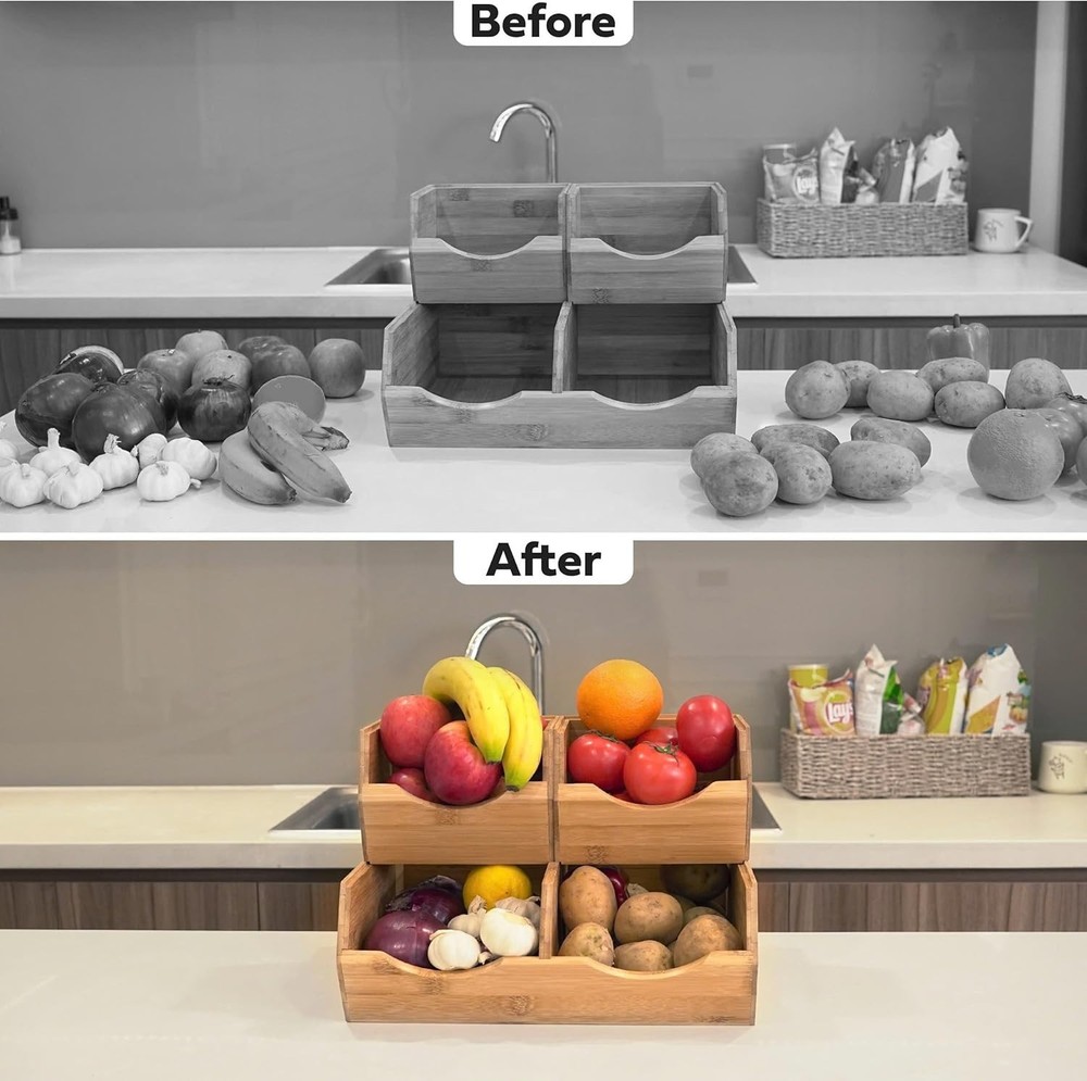 Bamboo Pantry Storage Bins - Stackable Baskets, Potato and Onion Storage