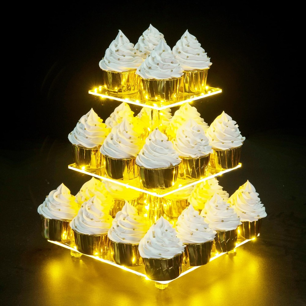 Cupcake Stand, 3-Tier Cupcake Holder with LED Light String, Acrylic Cupcake T...